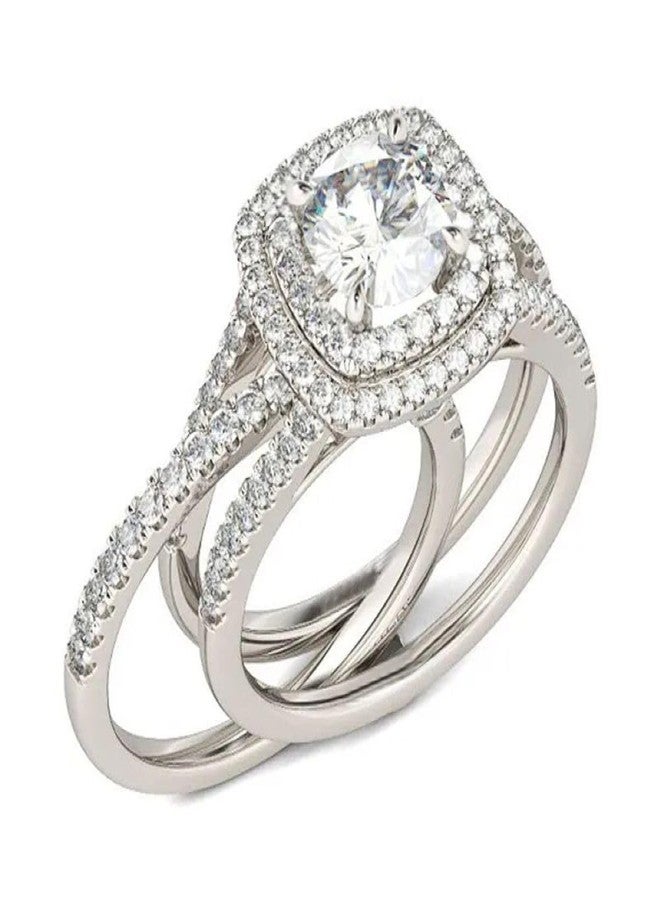 EUJHRTM 925 Sterling Silver Fashion Ring Set Engagement Anniversary Promise Ring Bridal Set Jewelry Classic Women's Ring Set Diamond Shining Halo Bridal Set Wedding Ring Size 7 - Image 1